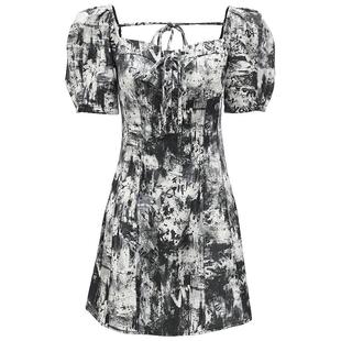 Vero Moda奥莱连衣裙夏季新款浪漫方领泡泡袖涂鸦短袖时尚短裙子