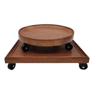 园艺圆形仿实木质移动花盆托盘底座带万向轮长方接水盘盆景滚轮子