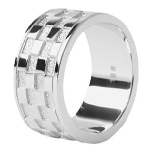 Mouhooland暮后之地宽版棋盘格戒指原创百搭925银情侣素戒指环