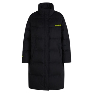 AUM噢姆冬季蓝黑色舒适毛感立领长款撞色绣花女式羽绒服