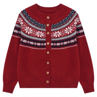 百家好新年红费尔岛针织毛衣女2026春新款复古单排扣宽松圆领开衫