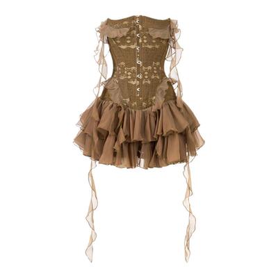 【爱情怎么翻译 高允真同款】LSOUL 褐色抹胸短款收腰流苏连衣裙