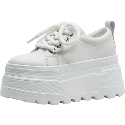 CDF女鞋轻奢时尚秋季百搭真皮深口小白鞋复古增高厚底舒适松糕鞋