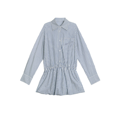 CIZZLEMORE【呼吸blouse】白蓝条纹色假两件收腰显瘦衬衫连衣裙