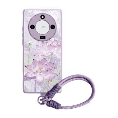 国风波光荷花自带挂绳玻璃手机壳