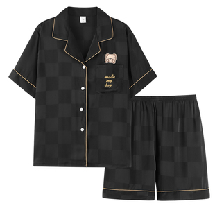 情侣睡衣男女士夏天短袖短裤仿真丝家居服高级感小熊冰丝情侣装