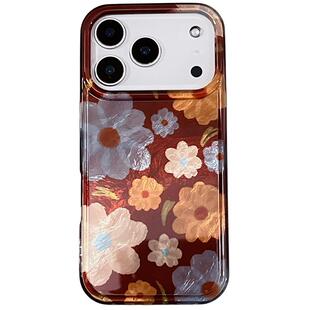 秋冬复古棕色油画花朵适用苹果17Promax手机壳iphone16pro新款15pro小众14带链条13硅胶15创意17pro网红全包