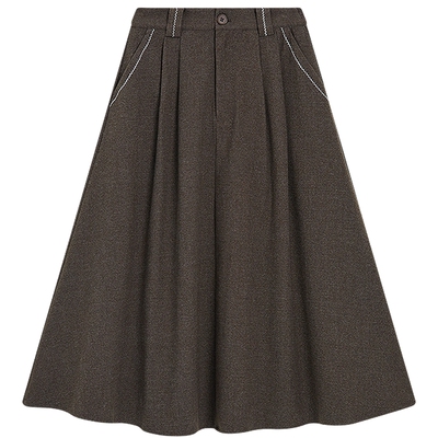 KBNE咖啡色仿牛仔a字半身裙女装2026春季新款长款高腰裙百褶裙子