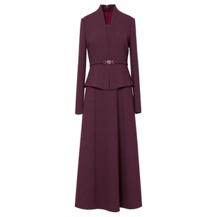 紫红色喜婆婆婚宴装连衣裙女2025冬新款时尚气质修身假两件毛呢裙