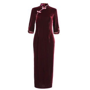 华族经典金丝绒旗袍中长款加绒加厚日常保暖改良优雅长袖大码秋冬