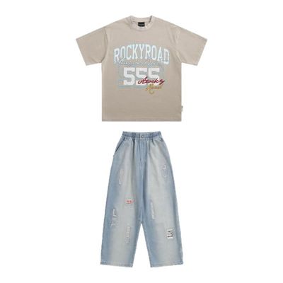 ROCKYROAD童装儿童街舞演出潮服套装字母印花短袖水洗做旧牛仔裤