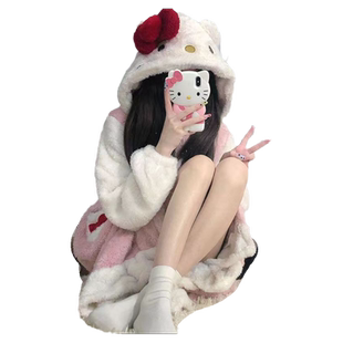 HelloKitty睡袍女kt猫珊瑚绒睡衣秋冬加绒加厚冬季长款可爱家居服