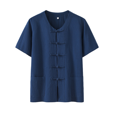 夏季薄款唐装男纯棉短袖低领衬衫