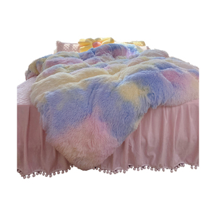 新款彩虹粉蓝色升级款长毛绒四件套   床裙式夹棉加厚保暖1.8床