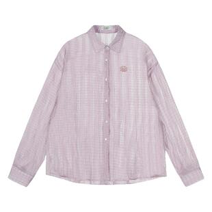 期望Studio夏季防晒长袖衬衣外套格纹透视网纱刺绣宽松长袖衬衫女