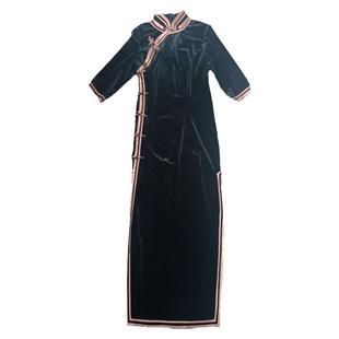 新款宴会礼服旗袍女显瘦胖MM中国风加大码七分袖金丝绒纯色连衣裙