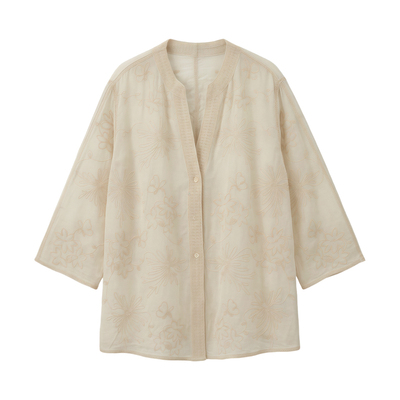 法式蕾丝刺绣V领防晒衬衫九分袖