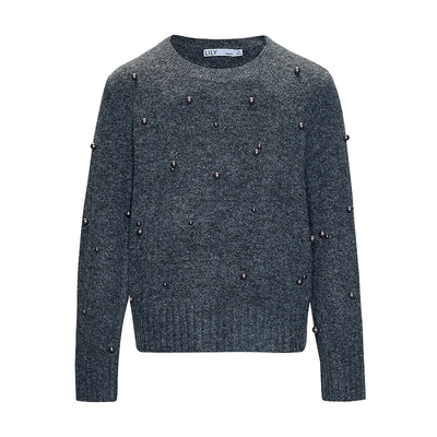 LILY套头圆领格雷加厚钉珠针织衫