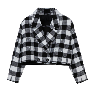 H·GENTEEL荷高新款冬装女细腻毛呢箱型简约棋盘格西装外套
