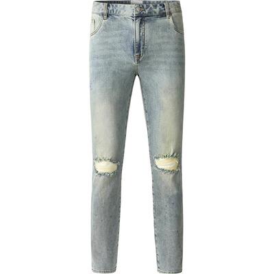 HIM汉崇 做旧破洞牛仔裤男简约撞色绒面皮牌修身休闲裤 2025秋季