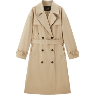太平鸟卡其色双排扣中长高智风衣外套女A1BEF1148