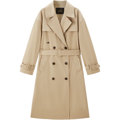 太平鸟卡其色双排扣中长高智风衣外套女A1BEF1148