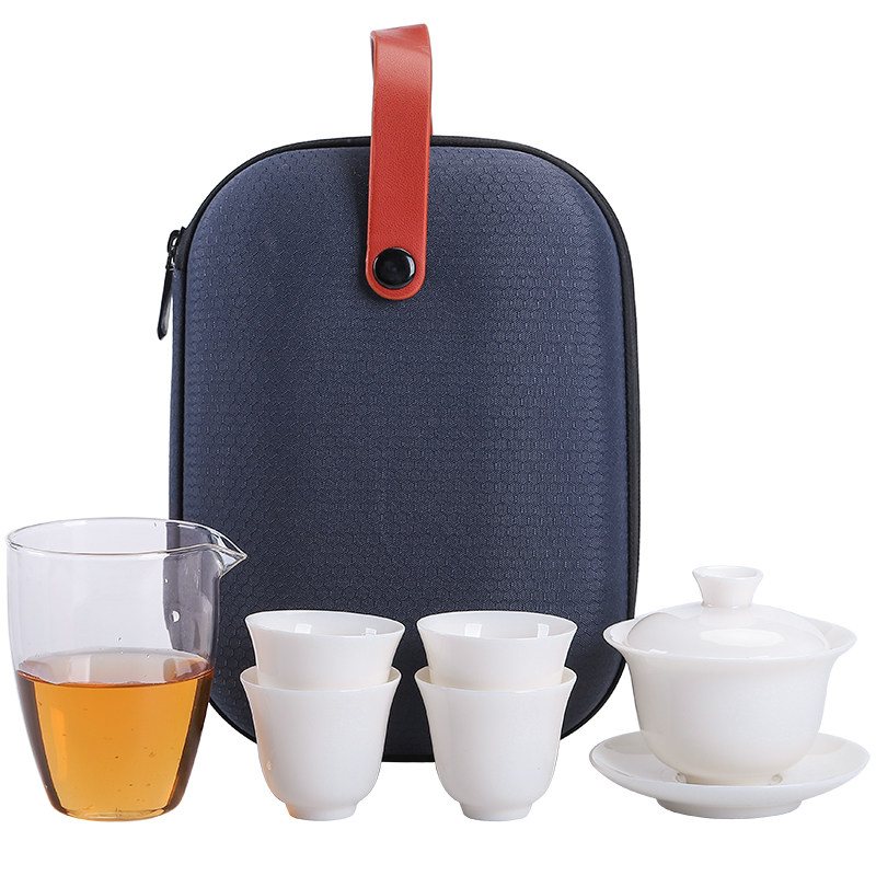 羊脂玉白瓷盖碗一壶四杯旅行茶具陶瓷便携式功夫茶具套装德化白瓷