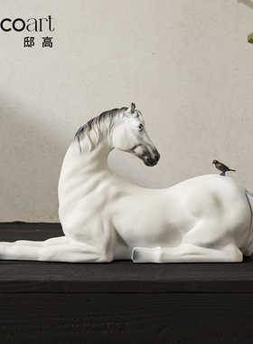 邸高家居 样板间新中式玄关《物语》马摆件 实景花器花艺装饰搭配