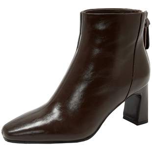 康莉真皮高跟靴2025冬季新款气质洋气小短靴棕色巨好看的靴子女靴