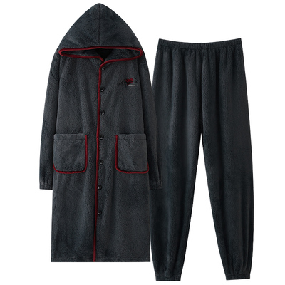 睡衣男士纽扣睡袍秋冬款珊瑚绒