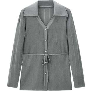 太平鸟灰色衬衫式针织线开衫女秋装V领气质显瘦针织上衣