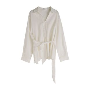 亚麻衬衫女设计感不规则系带收腰法式老钱风松弛气质长袖宽松上衣