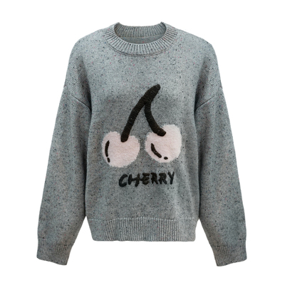 佐料圆领绵羊毛织套头樱桃绣花