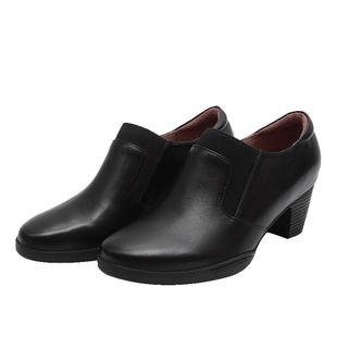 马内尔鞋子2025新款女黑色一脚蹬真皮粗跟短靴妈妈鞋休闲中跟单鞋