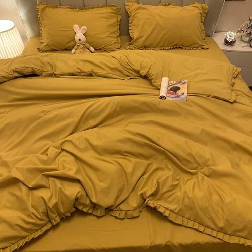 日式姜黄纯色花边四件套2m民宿风简约双人床单床笠被罩宿舍三件套