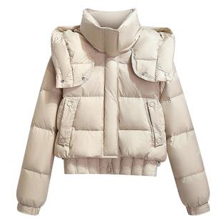 酒红色假两件短款连帽泡芙面包羽绒服女2024冬季新款90白鸭绒外套