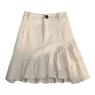 2025春夏新款半身裙白色牛仔不规则荷叶边a字裙高腰短裙女防走光