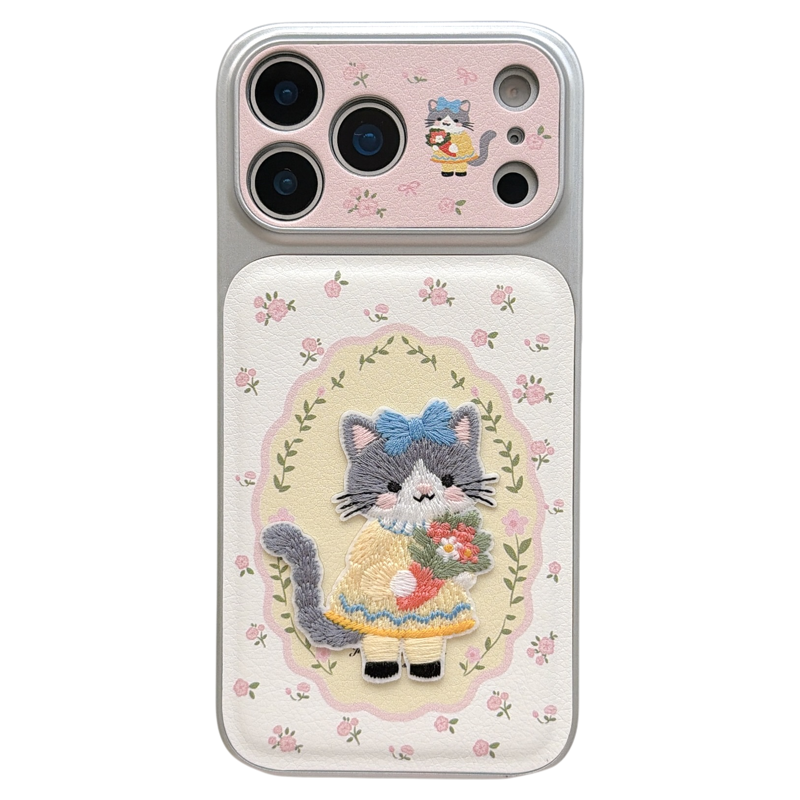 jze早春ins可爱碎花猫咪刺绣适用苹果17ProMax手机壳皮质iphone15新款16pro少女17pro全包大视窗14防摔手机套