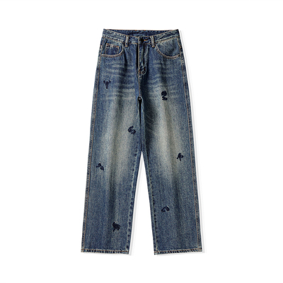 复古中国风刺绣牛仔裤男士秋季新款宽松大码阔腿直筒裤美式休闲裤