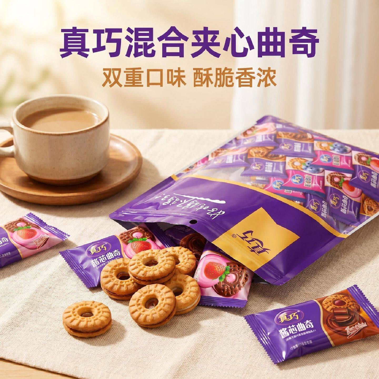 真巧酱芯曲奇巧克力夹心饼干经典休闲零食饼干早餐食品小包装380g