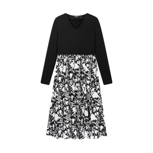 Desigual针织拼接黑白花卉印花V领中长款长袖连衣裙
