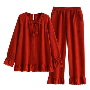 悦内红色睡衣女春秋季秋款长袖纯棉纱布全棉家居服新年本命年马年