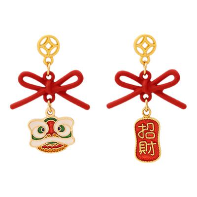 新年红色龙年福字醒狮耳钉