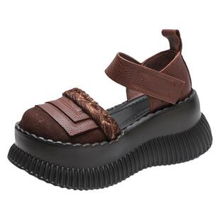 轻奢原创手工真皮女鞋增高厚底中空单鞋魔术贴松糕底包头包跟凉鞋