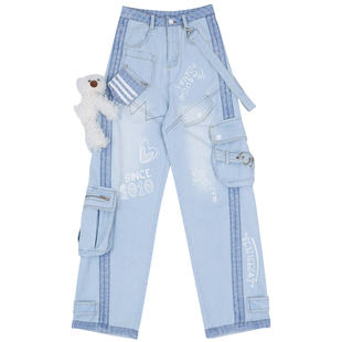 26春甜酷多口袋机能风涂鸦印花小熊飘带宽松休闲长裤工装裤牛仔裤