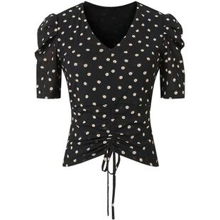 曼德诗黑色波点小衫女夏法式V领抽绳雪纺上衣设计感小众衬衫