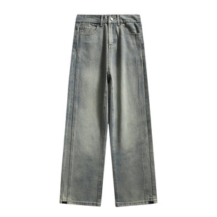 乱步美式牛仔裤男女款秋季水洗做旧黄泥色长裤宽松直筒微喇叭裤子