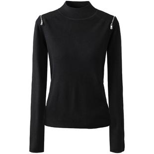 GIOVANNI VALENTINO春季新款针织衫女黑色设计感修身半高圆领上衣