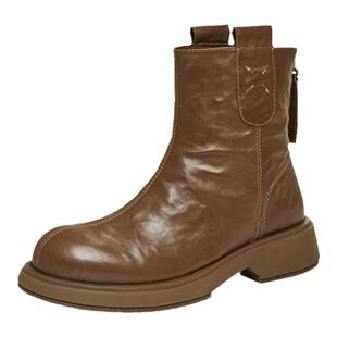 百思图冬商场新款舒适加绒软羊皮靴法式粗跟女马丁短靴C8102DD4