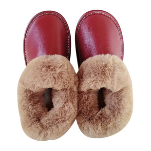 家居冬季棉拖鞋男女真牛皮面冬天室内家用防滑水带包跟毛绒保暖鞋